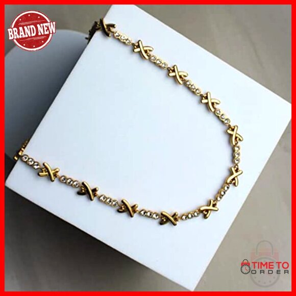 XO Choker Necklace: 18k Gold Plated Cubic Zirconia - Gemma  Gold Plated XO Choker Necklace with Cubic Zirconia, Adjustable Length